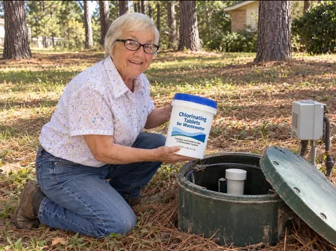 Alligator Annie holding wastewater chlorinating tablets beside an aerobic septic system in Nacogdoches, Texas.