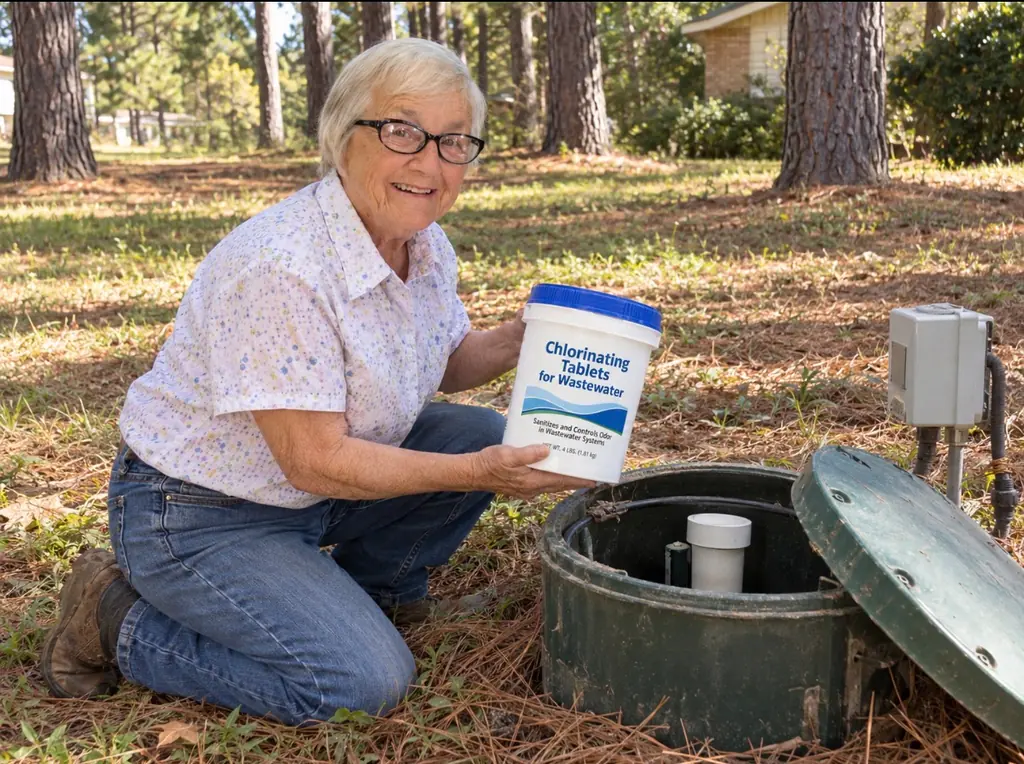 Alligator Annie holding wastewater chlorinating tablets beside an aerobic septic system in Nacogdoches, Texas.